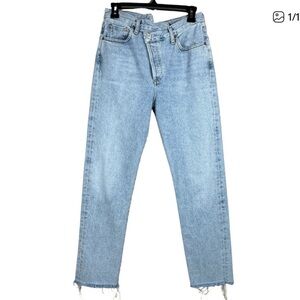 AGOLDE SZ 27 Criss Cross Straight Leg Jeans Button-Fly Frayed Hems Medium Wash